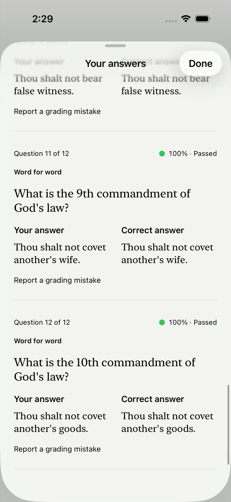 SPXC review mode comparing practiced answers with the catechism answers and their scores.