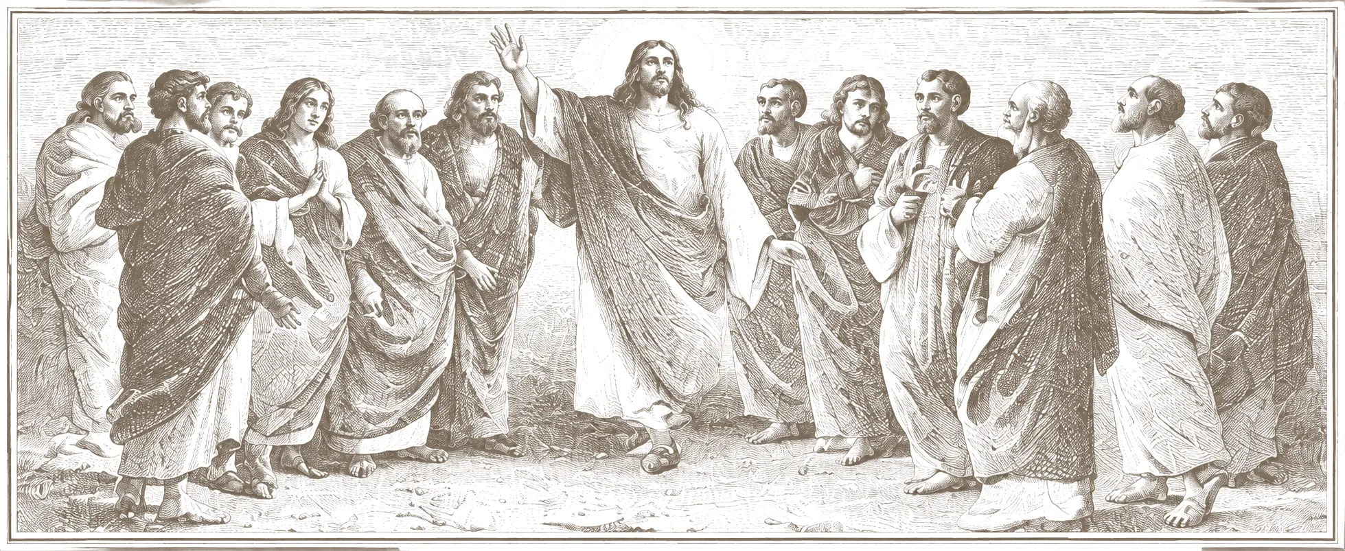 An antique-style engraving of Christ standing among the apostles, teaching.